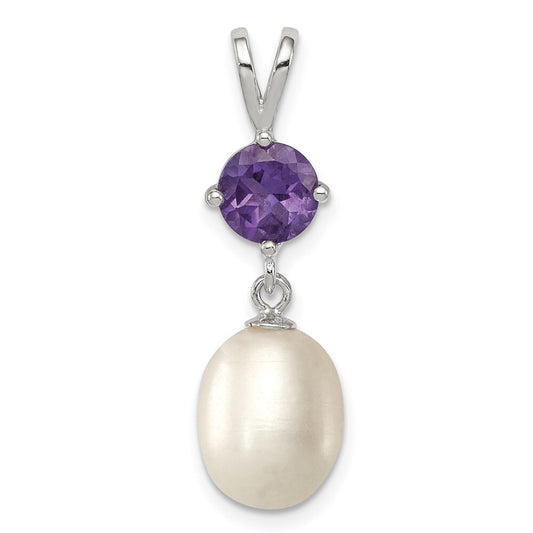 Sterling Silver 8-9mm White Freshwater Cultured Pearl and .75AM Amethyst Pendant