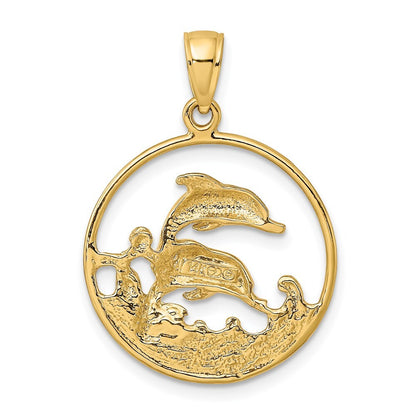 14k Yellow Gold Double Dolphins In Circle Charm Pendant for Women