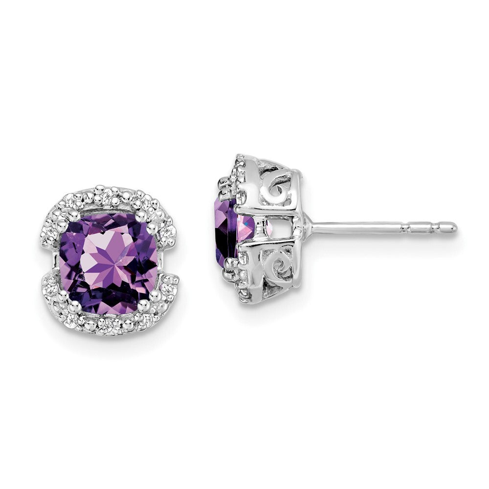 14k White Gold Cushion Amethyst and Diamond Halo Stud Earrings