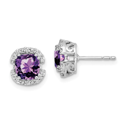 14k White Gold Cushion Amethyst and Diamond Halo Stud Earrings