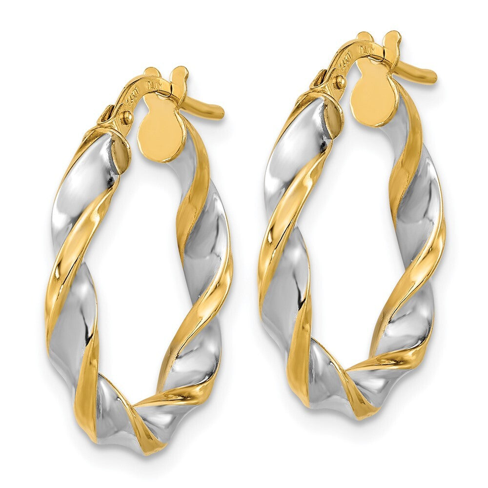 14k Yellow Gold & White Rhodium Polished & Twist Hoop Earrings Gift for Women