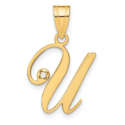 14k Yellow Gold Script Letter U Initial Pendant with Diamond for Women
