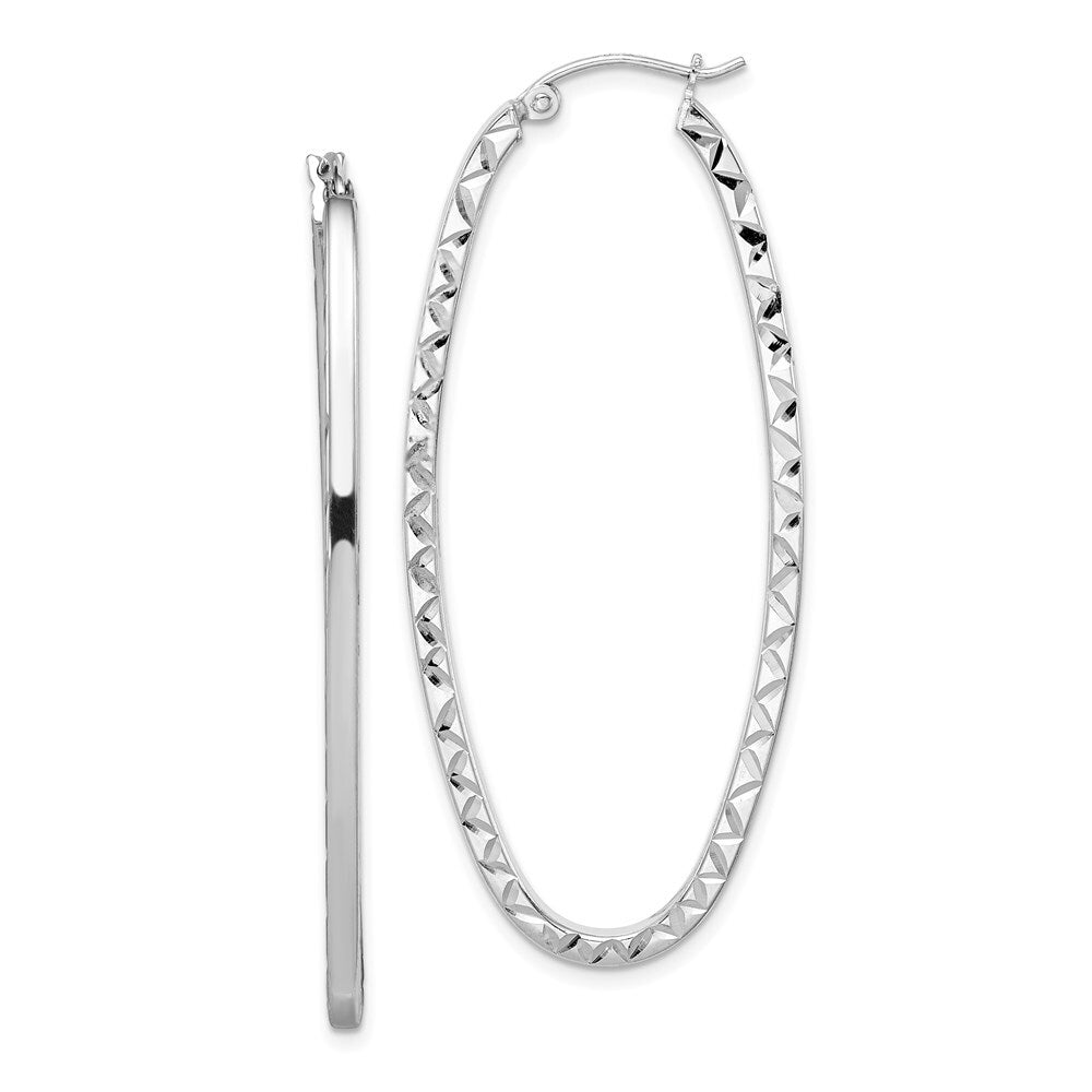 Sterling Silver Rhodium-plated Diamond-cut 2mm Oval Hoop Earrings