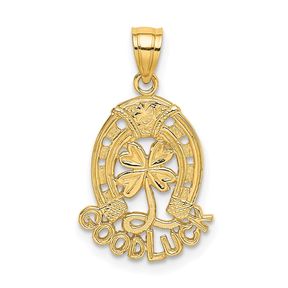 14k Yellow Gold GOOD LUCK Horseshoe and Clover Charm Pendant for Women