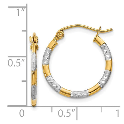 14k Yellow Gold White Rhodium Diamond Cut Hoop Earrings Gift for Women