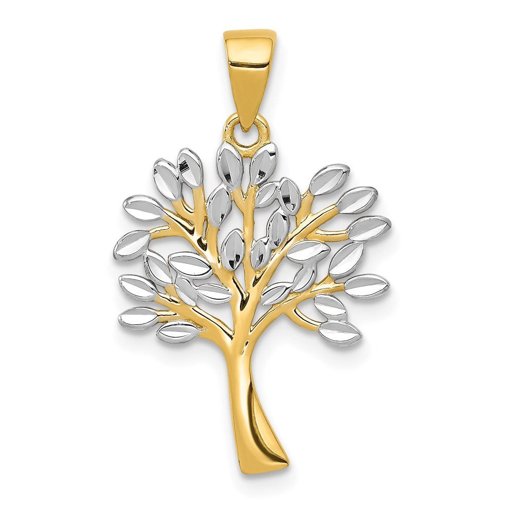 14k Yellow Gold Rhodium Diamond Cut Tree Pendant