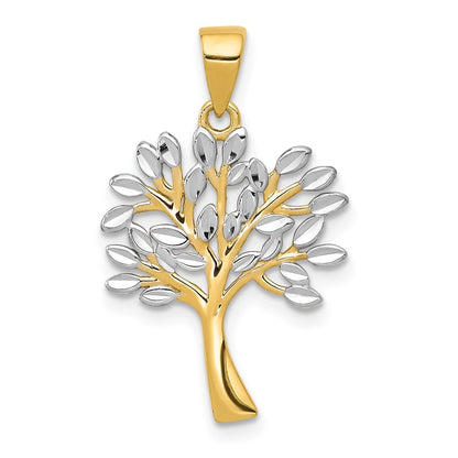 14k Yellow Gold Rhodium Diamond Cut Tree Pendant
