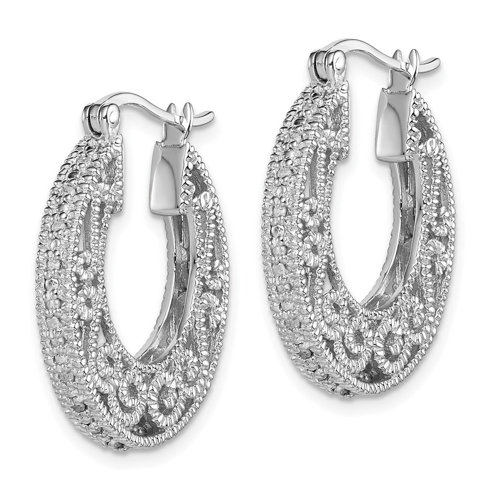 Sterling Silver Rhodium Diamond Hinged Hoop Earrings