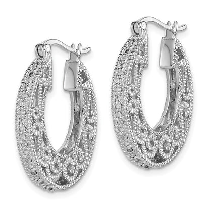 Sterling Silver Rhodium Diamond Hinged Hoop Earrings