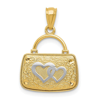 14k Yellow Gold Rhodium 3D Reversible Heart Handbag Pendant for Women