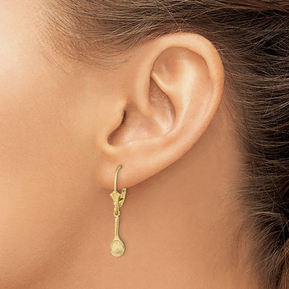 14k Yellow Gold Polished Tennis Racquet w/ Ball Drop Dangle Earrings