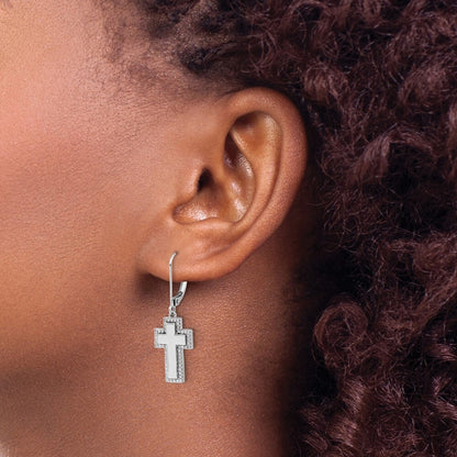 14k White Gold Diamond Fancy Cross Leverback Drop & Dangle Earrings