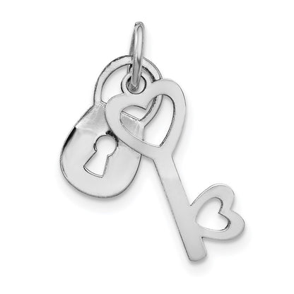 14k White Gold Polished Moveable Lock and Heart Key Charm Pendant for Women