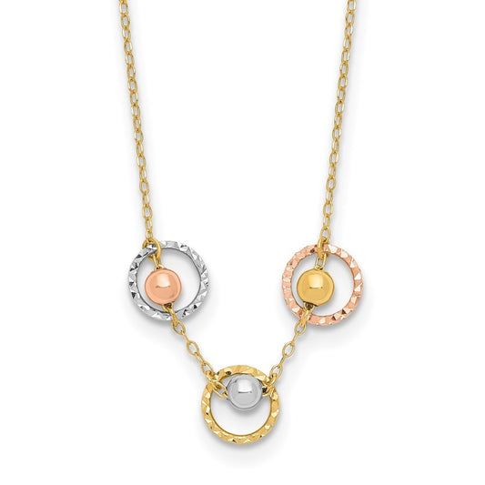 14K Tri-Color Gold Polished Diamond-Cut 3 Circle Beads Necklace