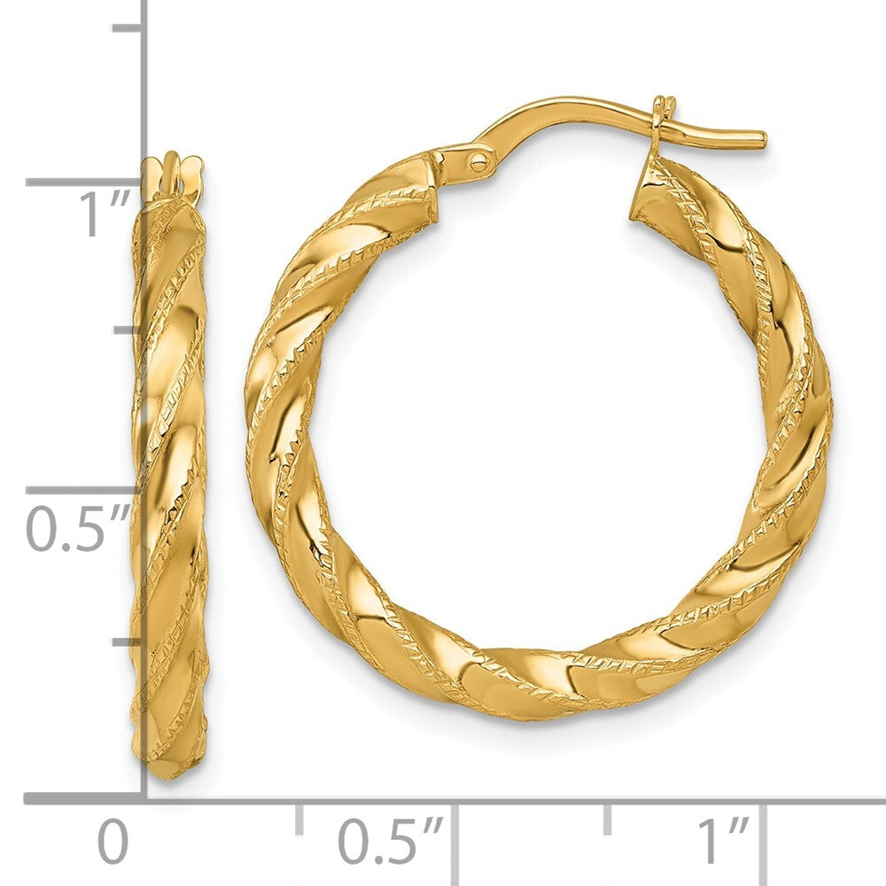 14k Yellow Gold Polished Diamond-cut Twist Hoop Earrings Gift for Women