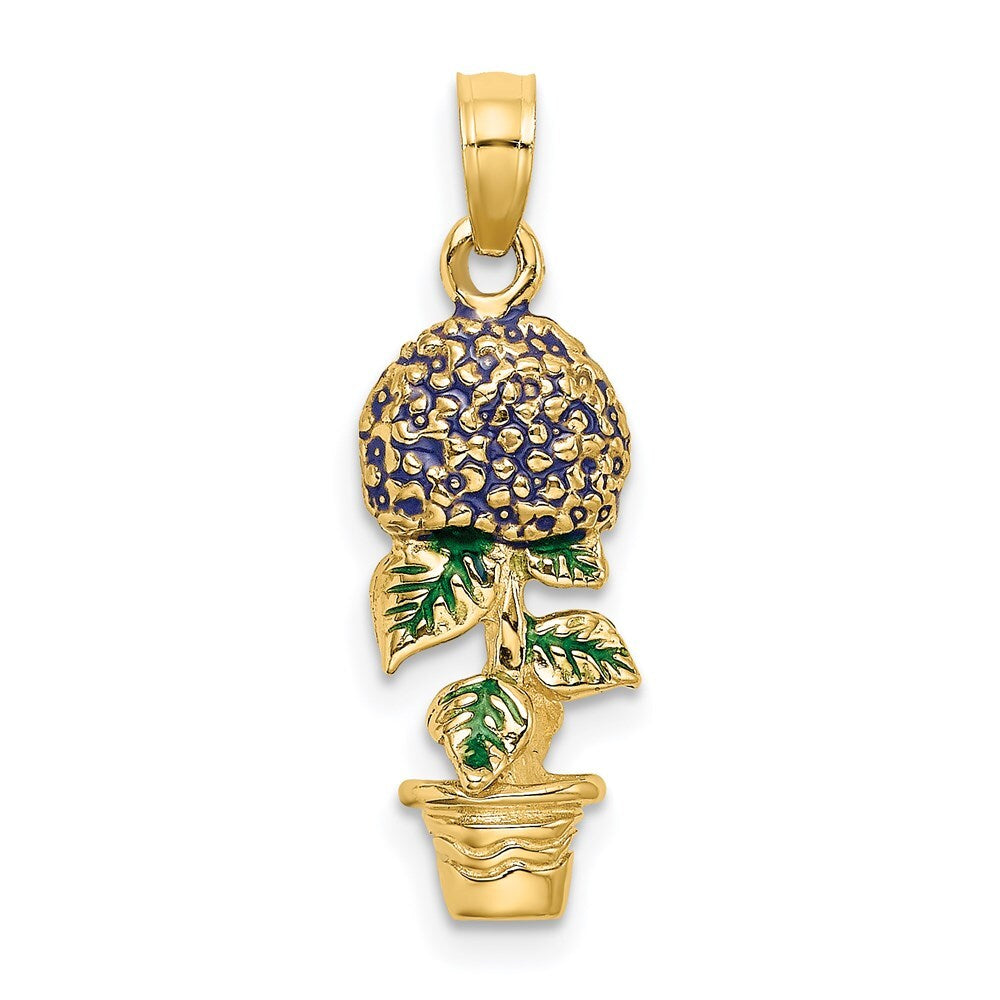 14k Yellow Gold 3-D Enameled Lavender Hydrangea Flowers In Pot Charm Pendant
