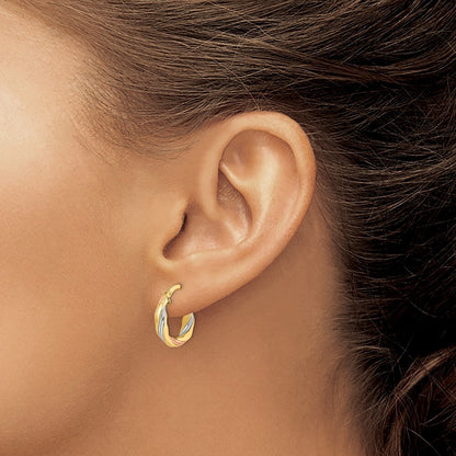 14k Yellow Gold Rose & White Rhodium Polished Twisted Hoop Earrings
