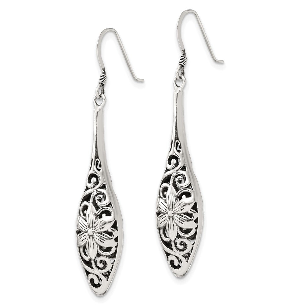 Sterling Silver Polished Antiqued Floral Teardrop Shepherd Hook Earrings