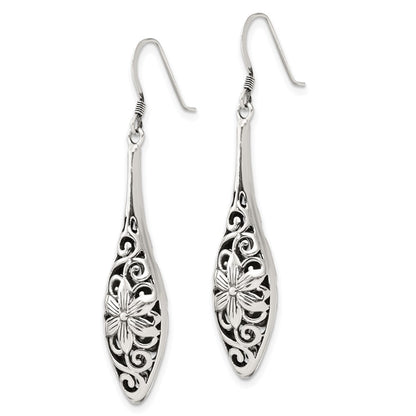 Sterling Silver Polished Antiqued Floral Teardrop Shepherd Hook Earrings