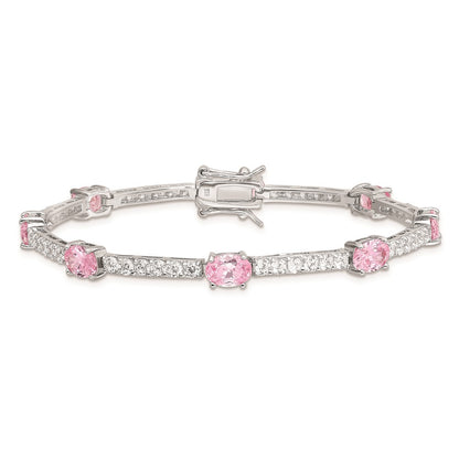 Sterling Silver Rhodium-plated 7inch Pink and Clear CZ Bracelet