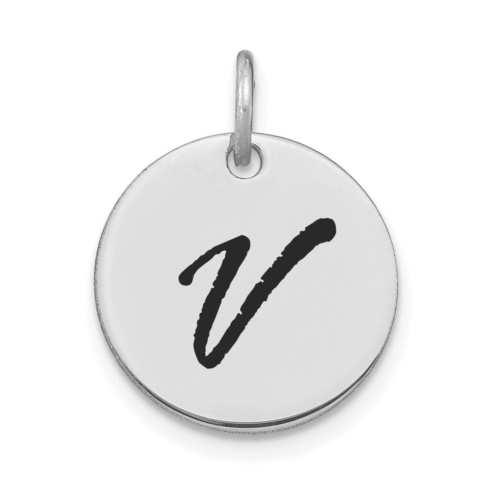 14K White Polished Black Enamel Letter V Initial Disk Charm