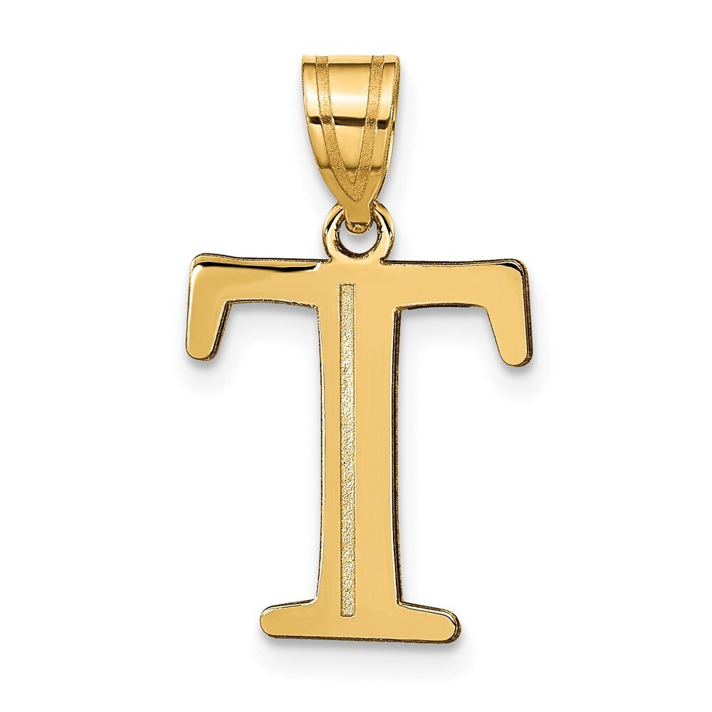 14k Yellow Gold Polished Etched Letter T Initial Pendant for Women