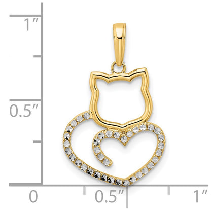 14k Yellow Gold and White Rhodium Diamond-cut Cat Heart Pendant
