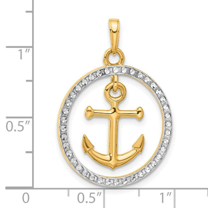 14k Yellow Gold and White Rhodium Diamond-Cut Anchor Dangle in Circle Pendant
