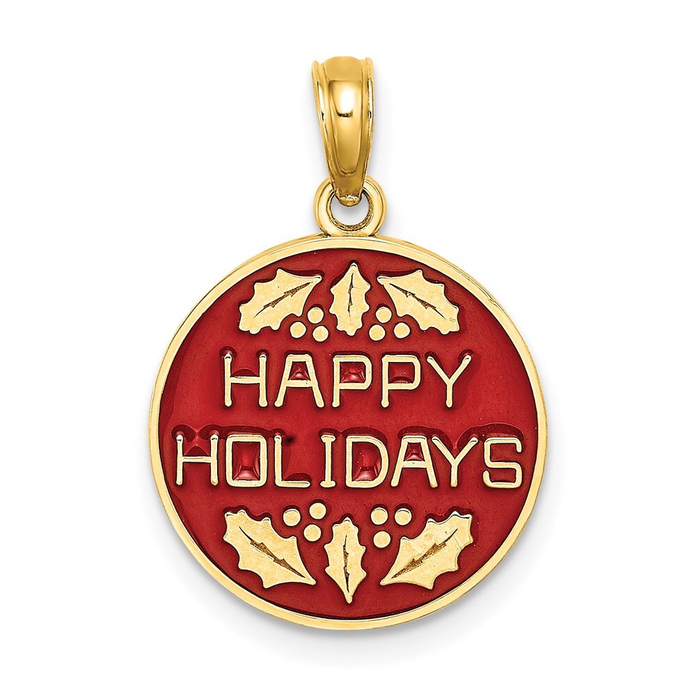 14k Yellow Gold  Enamel HAPPY HOLIDAYS  Holly On Round Disc Charm Pendant