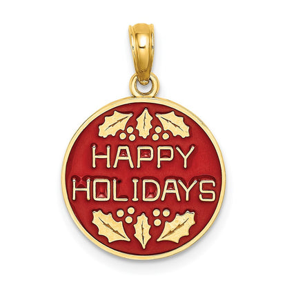 14k Yellow Gold  Enamel HAPPY HOLIDAYS  Holly On Round Disc Charm Pendant