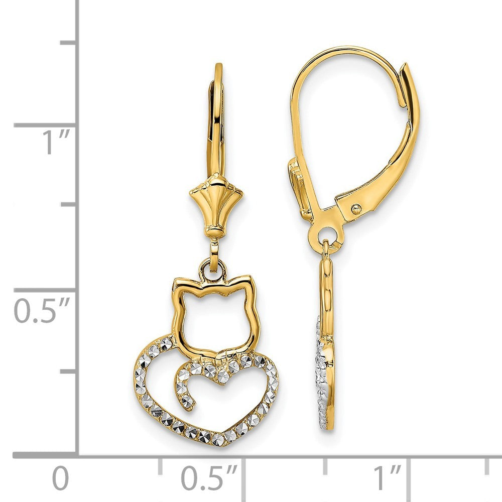 14k Yellow Gold & White Rhodium Diamond-Cut Cat Heart Drop Dangle Earrings