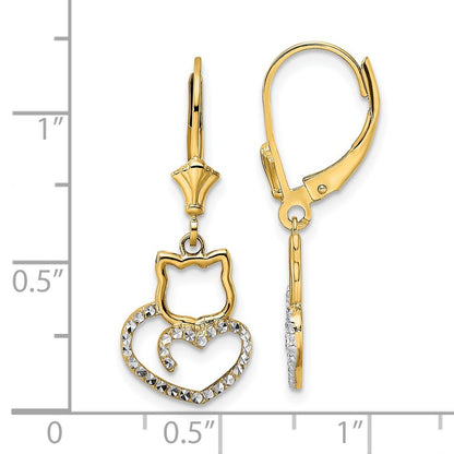 14k Yellow Gold & White Rhodium Diamond-Cut Cat Heart Drop Dangle Earrings