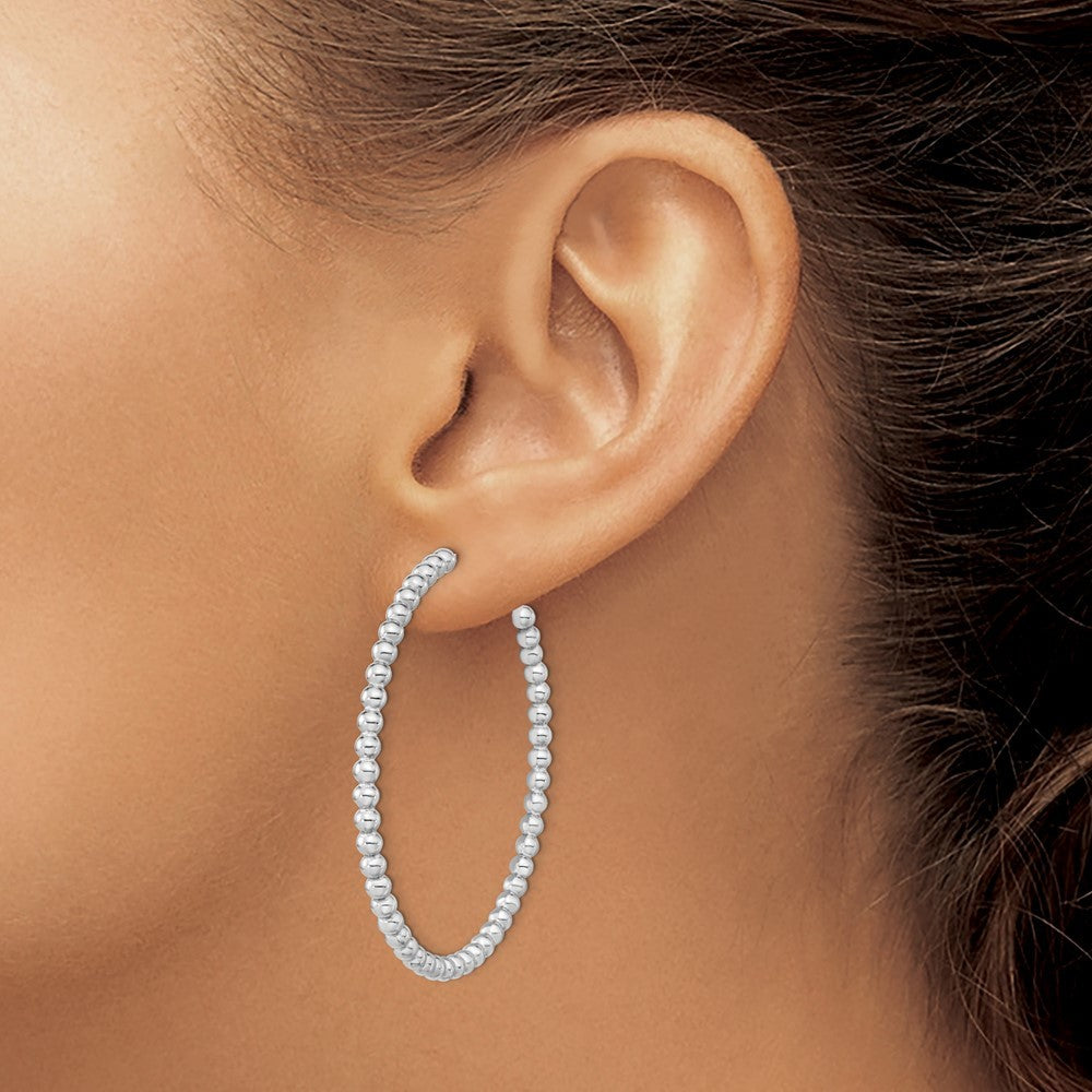 Sterling Silver Rhodium-plated Polished Beaded Hoop Earrings