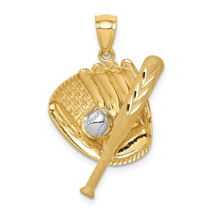 14k Yellow Gold Diamond-Cut White Rhodium Baseball Bat Glove Ball Pendant