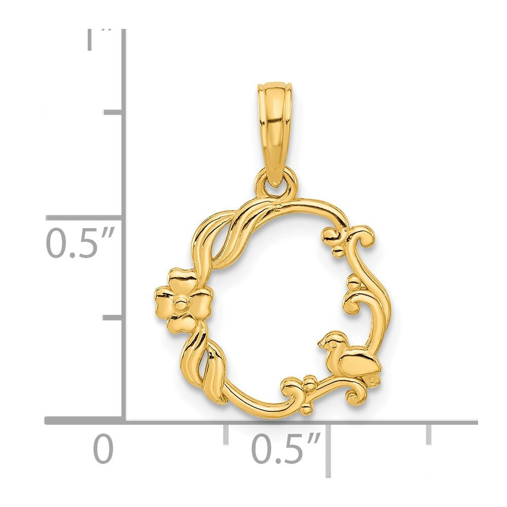 14k Yellow Gold Polished Floral with Bird Circle Pendant for Women