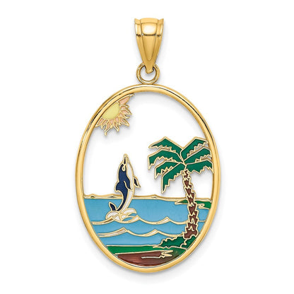 14k Yellow Gold Enamel Dolphin Jumping In Beach Scene Charm