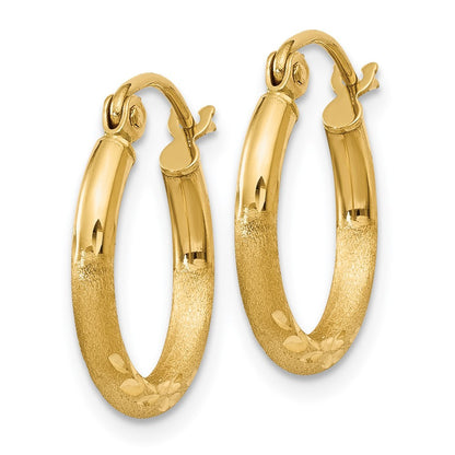 14k Yellow Gold Satin and Diamond-cut 2mm Round Tube Hoop Earrings