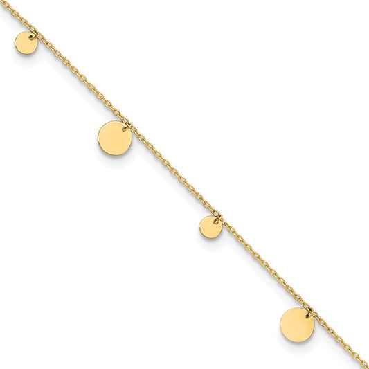 14k Yellow Gold Polished Circle Dangles 10" Anklet