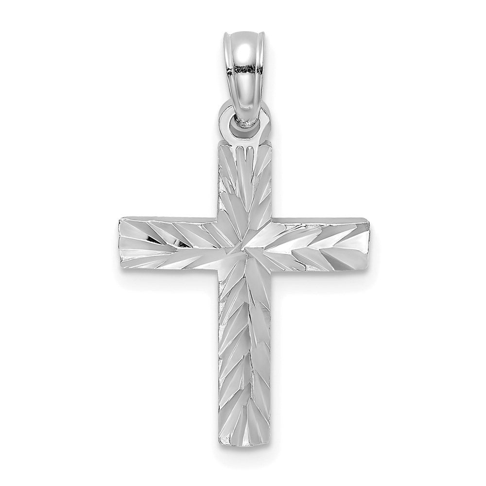 14K White Gold Diamond-Cut Block Cross Charm Pendant