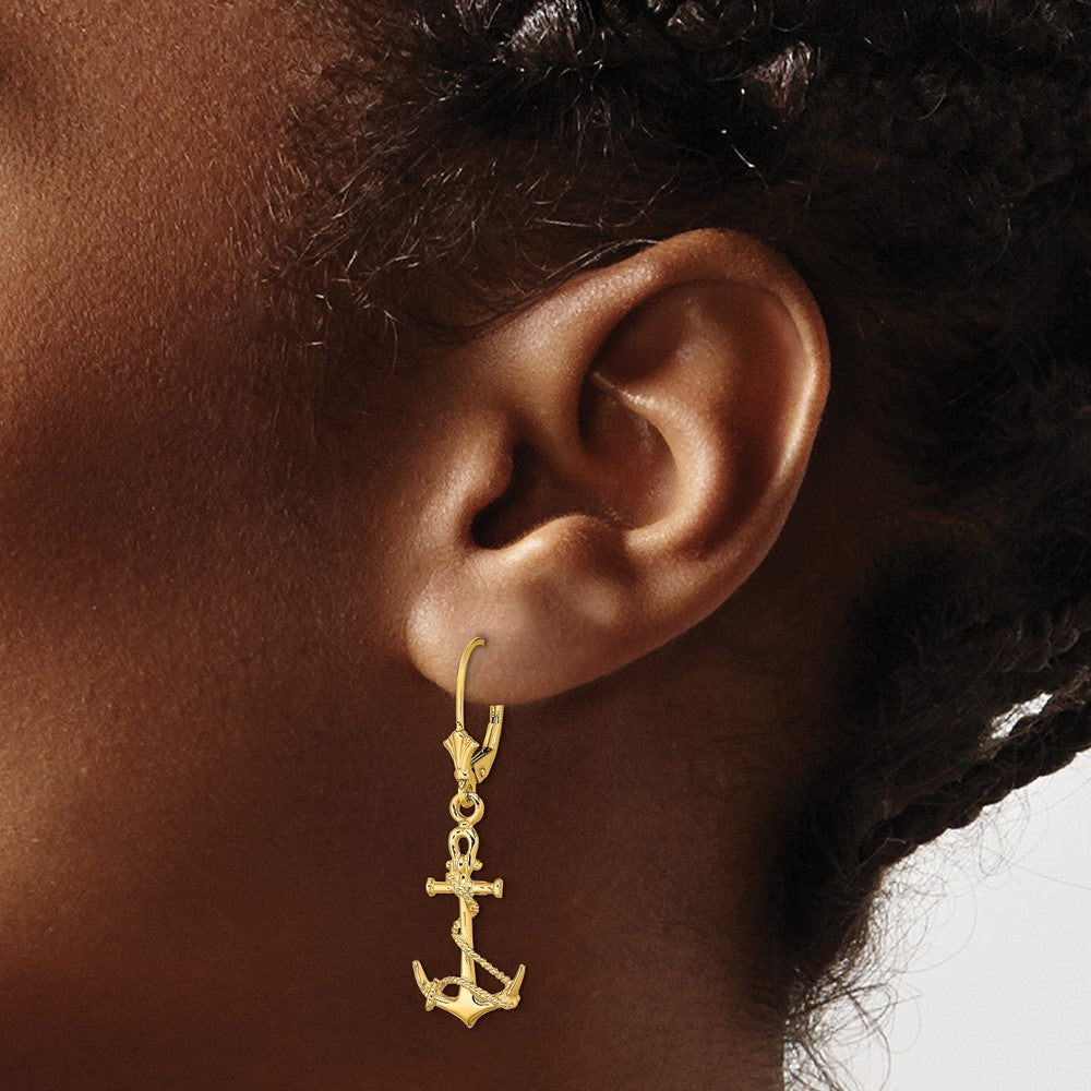 14k Yellow Gold 3-D Anchor W/ Shackle and Entwined Rope Drop Dangle Earrings