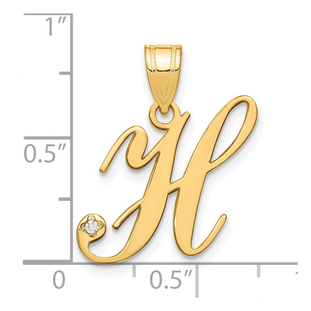 14k Yellow Gold Script Letter H Initial Pendant with Diamond for Women