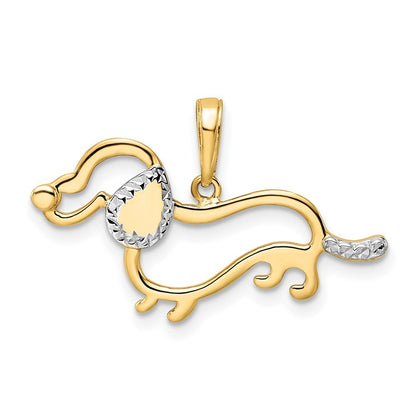 14k Yellow Gold and White Rhodium Diamond-cut Dachshund Pendant