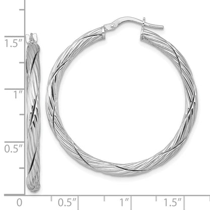 Sterling Silver RH-plated Polished and Twisted Round Hoop Earrings