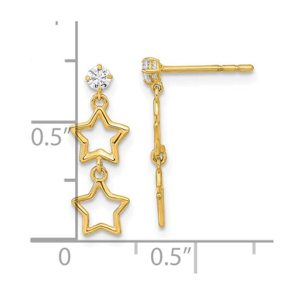 14k Yellow Gold Polished Dangle Star with Cubic Zirconia Earrings