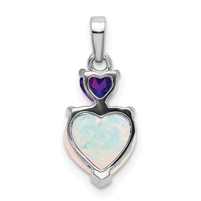 14k White Gold Heart Created Opal and Amethyst Pendant for Women