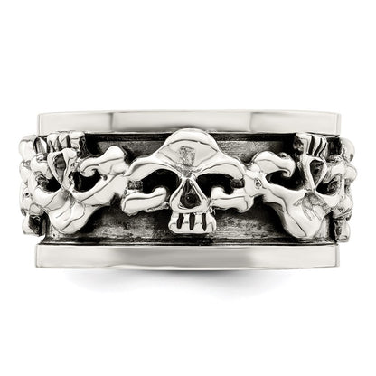 Sterling Silver Polished Spinning Center Antiqued Skull Ring Size 9