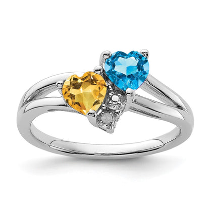 Sterling Silver Rhodium Blue Topaz & Citrine Diamond Ring