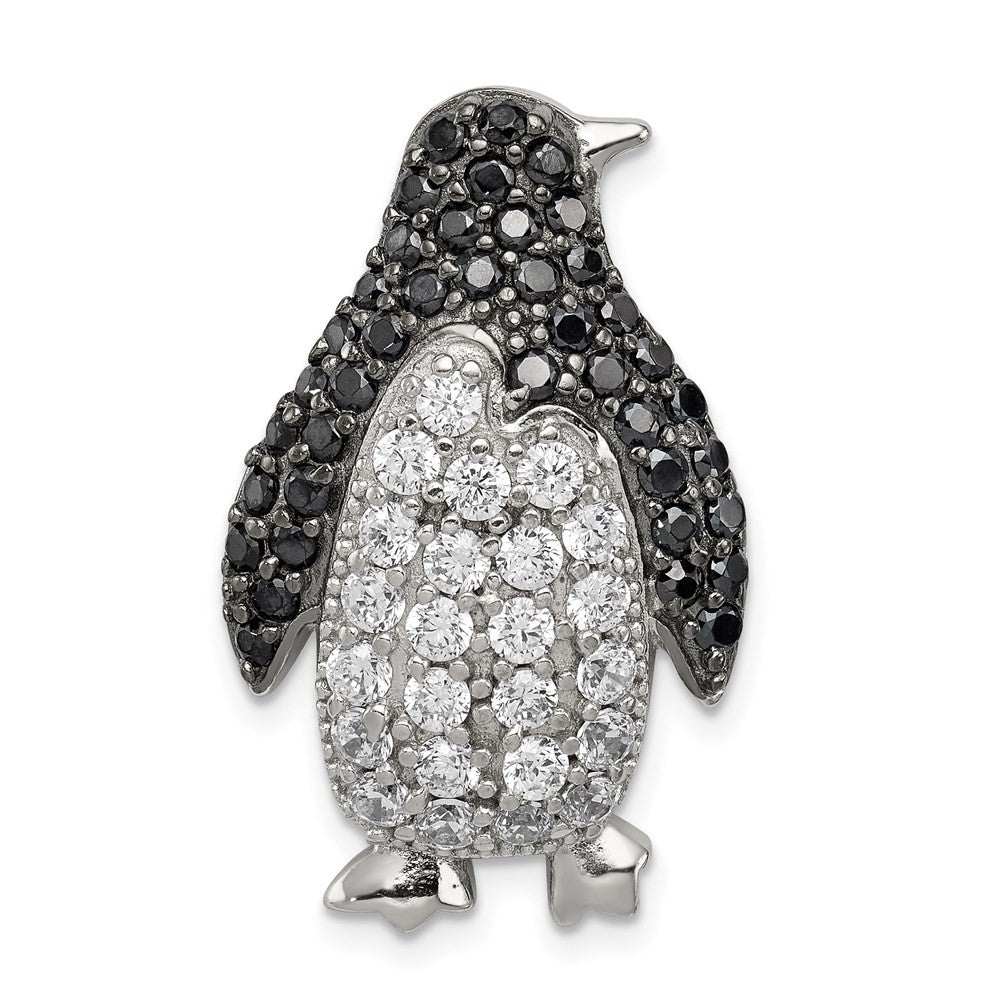 Sterling Silver Rhodium-plated Black & White Cubic Zirconia Penguin Chain Slide
