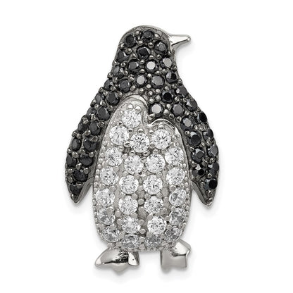 Sterling Silver Rhodium-plated Black & White Cubic Zirconia Penguin Chain Slide