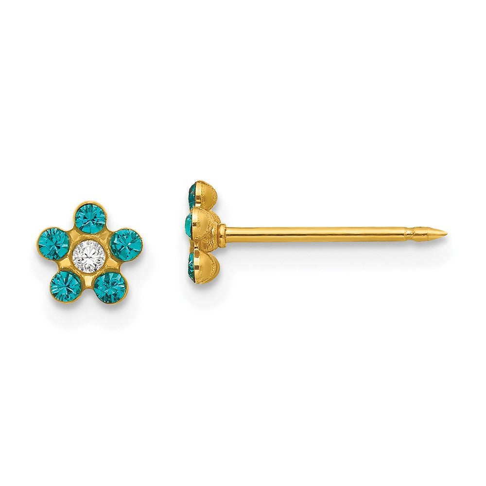 14k Yellow Gold December Blue Crystal Birthstone Flower Earrings